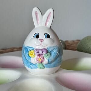 Vintage Handpainted 6 Egg Plate Whimsical Bunny Pastel 90s Taiwan Easter Spring